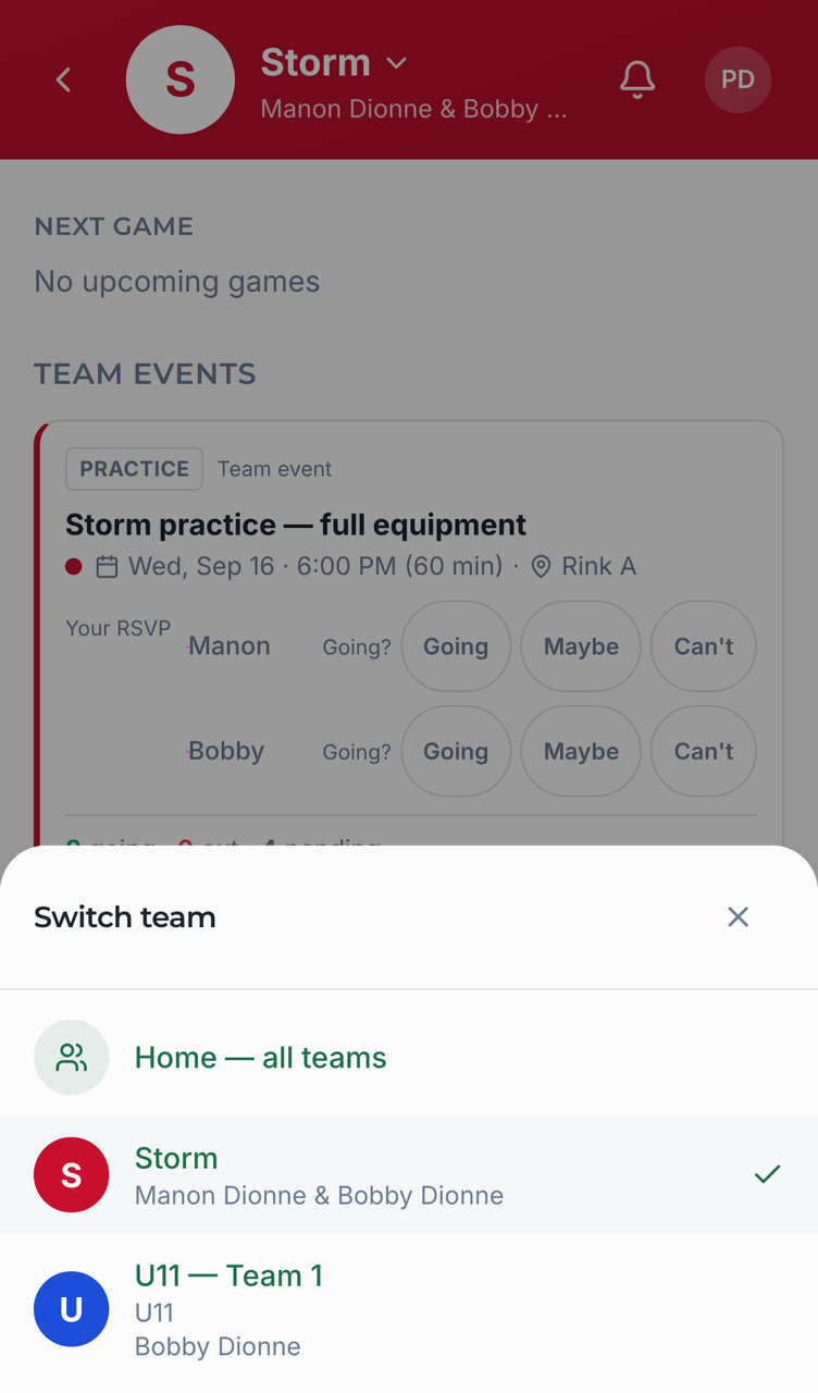 Switching teams screenshot