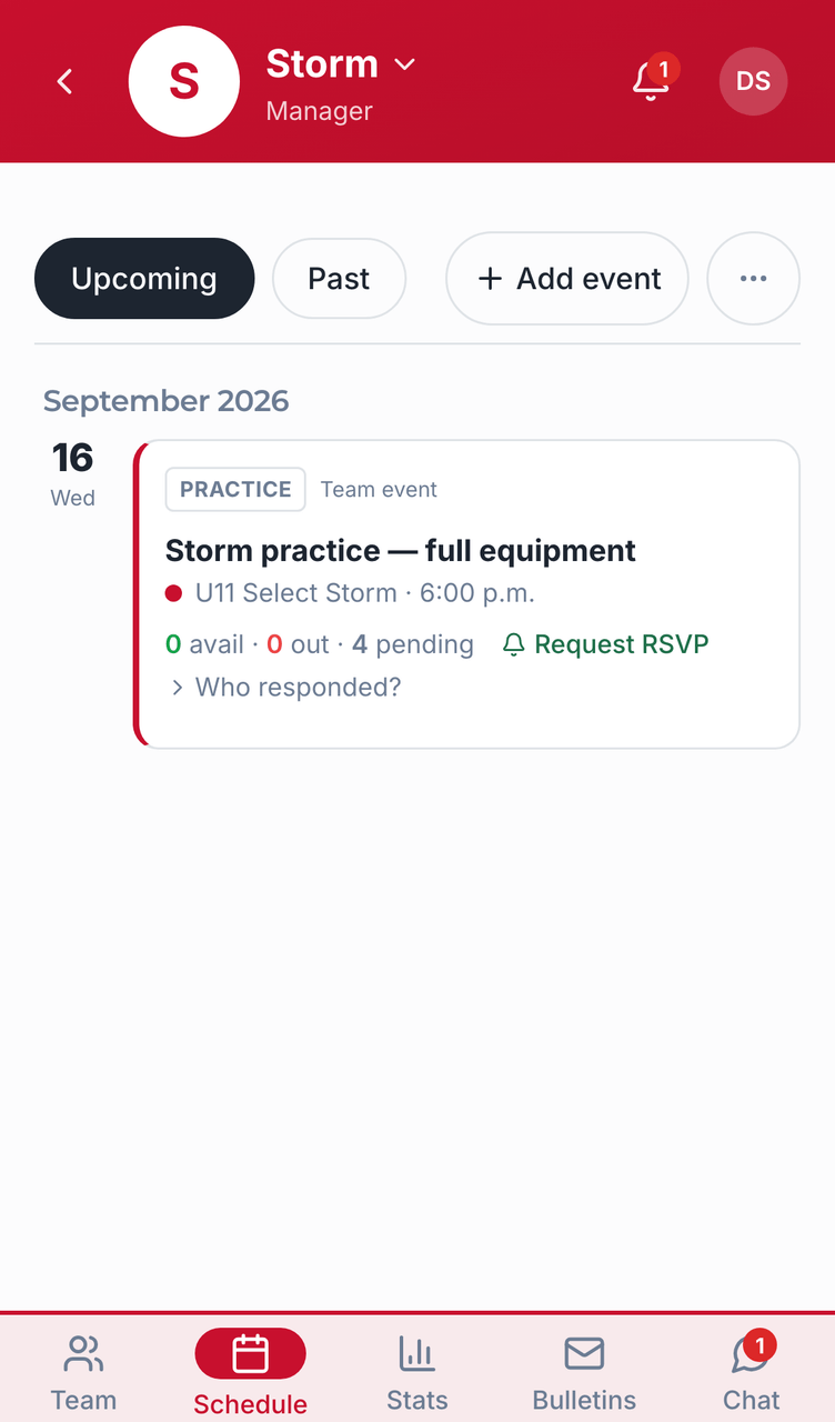 Team events screenshot