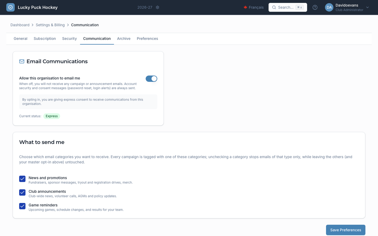 Communication Defaults screenshot
